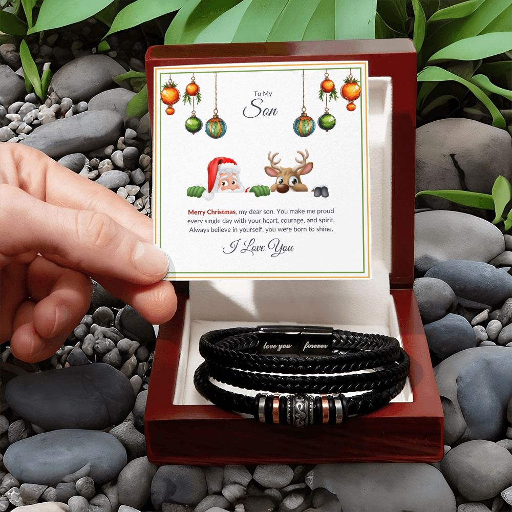 Christmas Gift for Son – Leather Bracelet with Merry Christmas Message Card