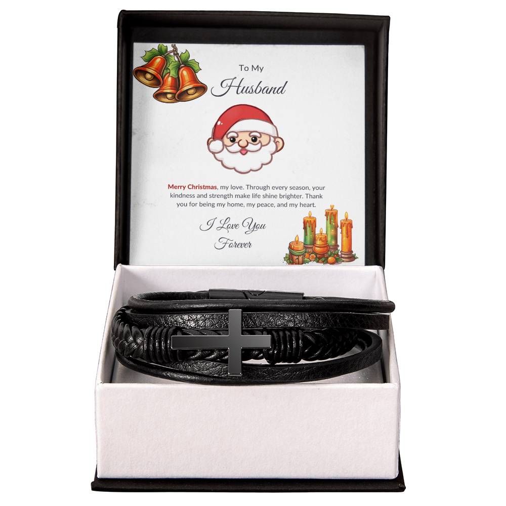 Christmas Gift for Husband – Black Leather Cross Bracelet with Merry Christmas Message Card