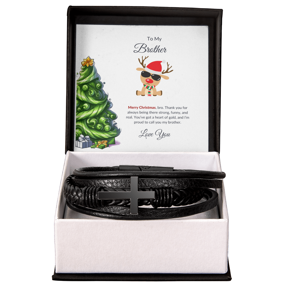 Christmas Gift for Brother – Black Cross Leather Bracelet with Message Card