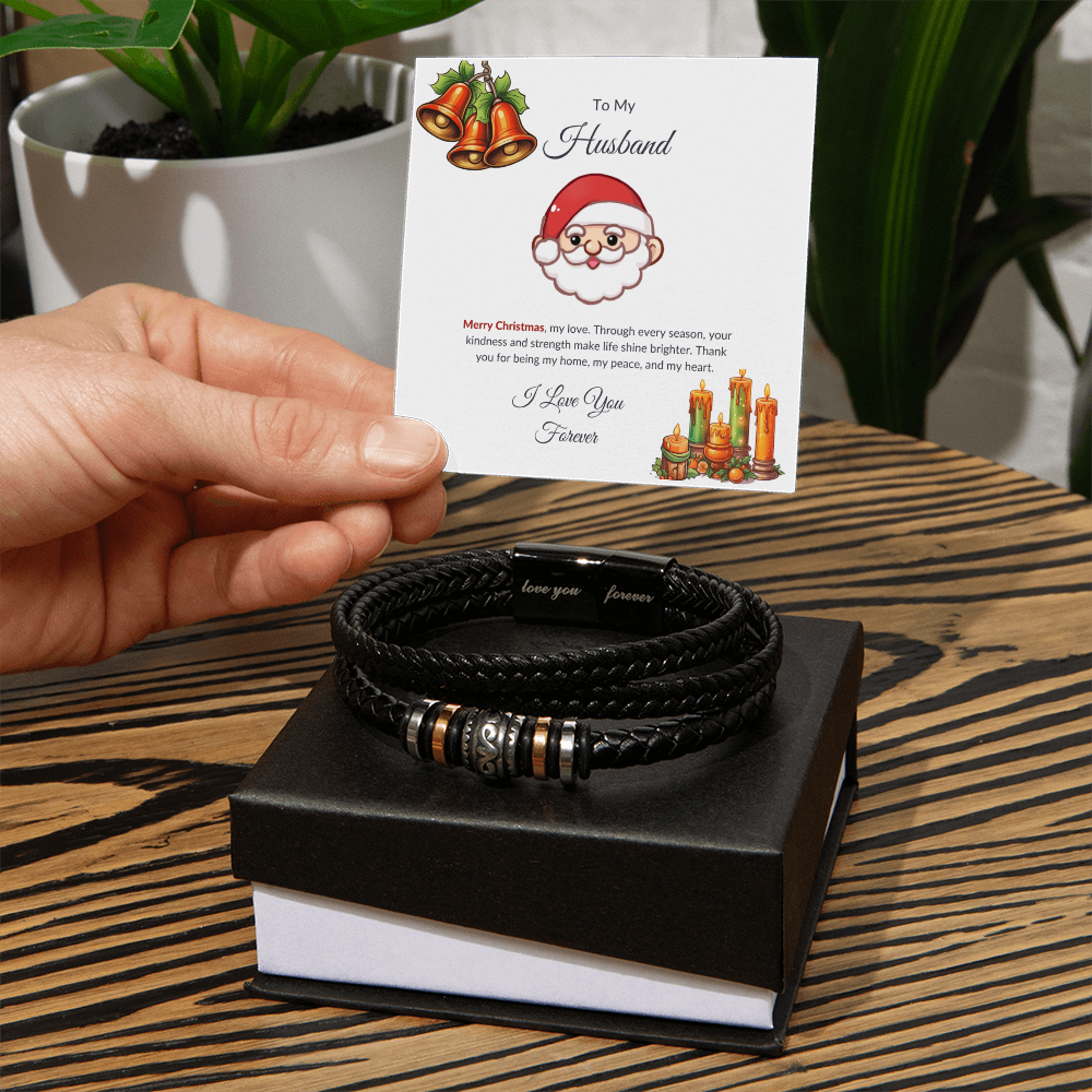 Christmas Gift for Husband – Leather Bracelet with Merry Christmas Message Card