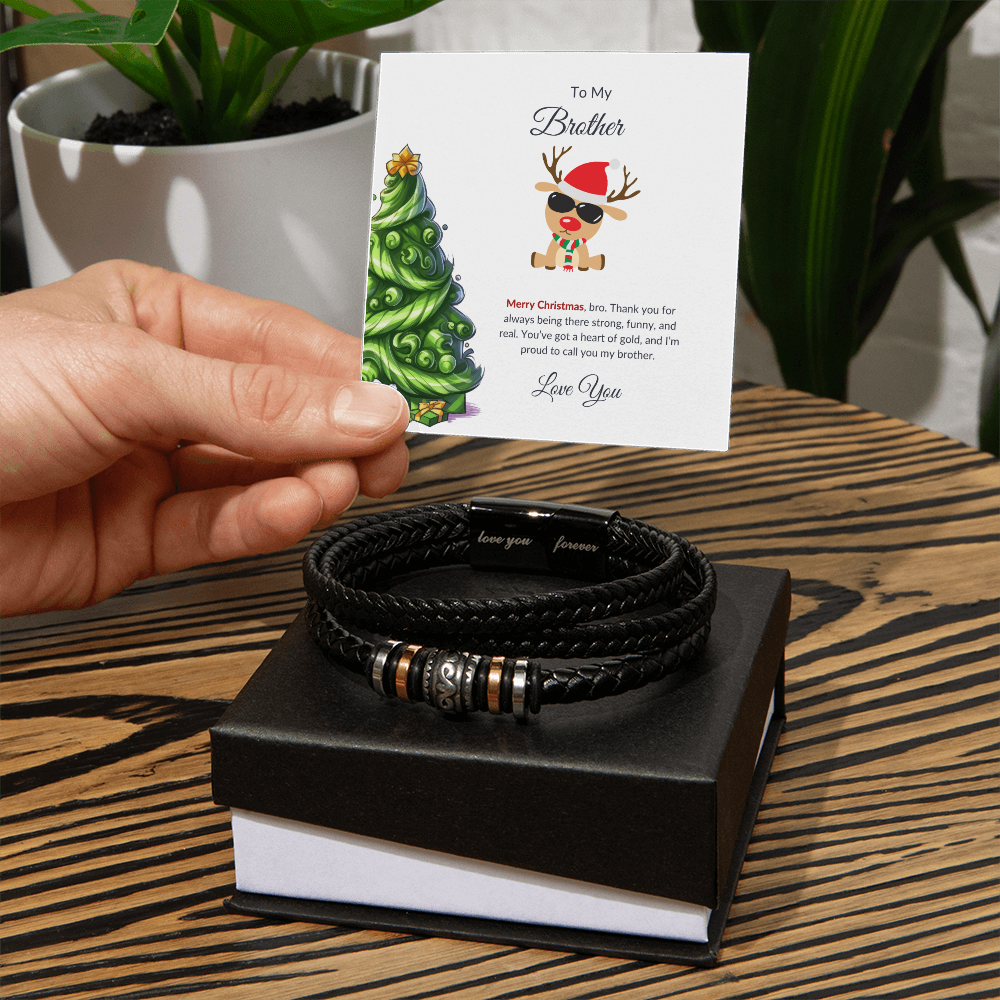 Christmas Gift for Brother – Leather Bracelet with Merry Christmas Message Card