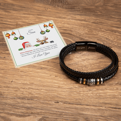 Christmas Gift for Son – Leather Bracelet with Merry Christmas Message Card