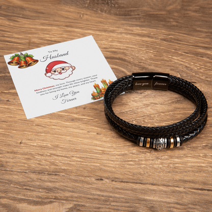 Christmas Gift for Husband – Leather Bracelet with Merry Christmas Message Card