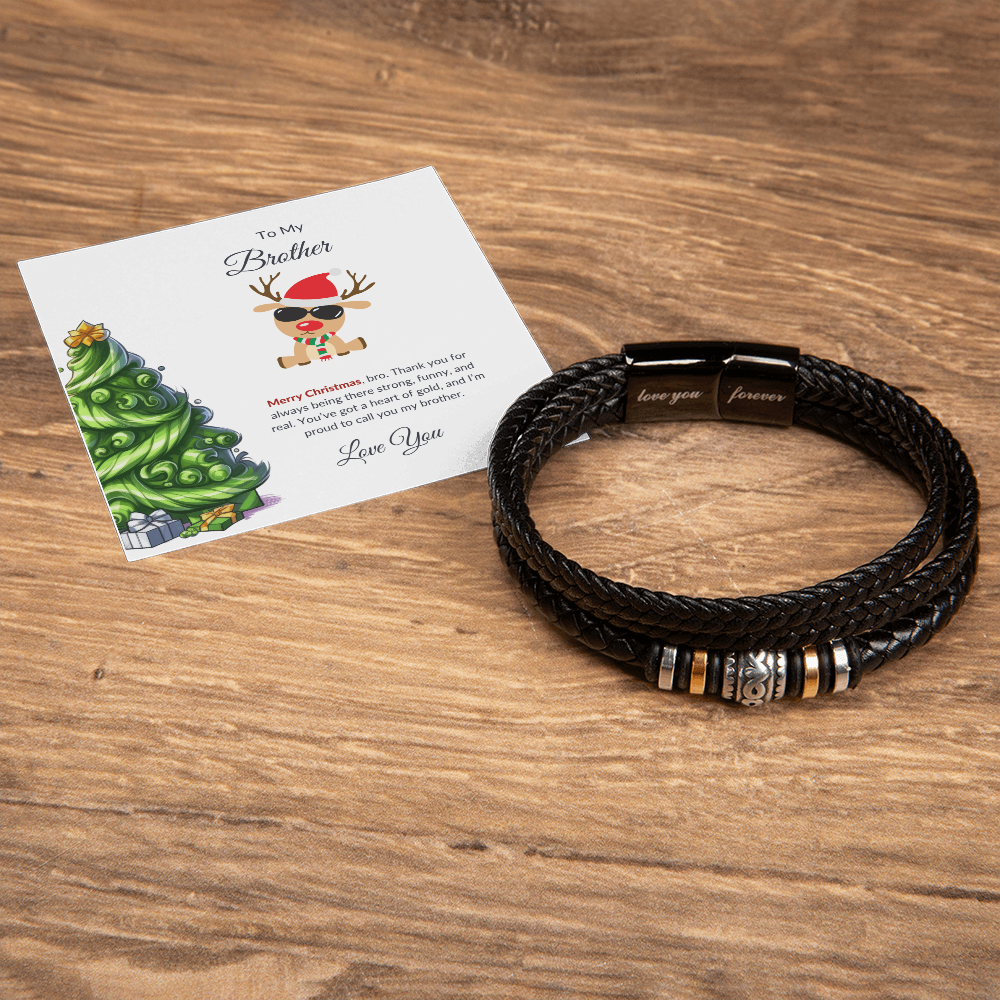 Christmas Gift for Brother – Leather Bracelet with Merry Christmas Message Card
