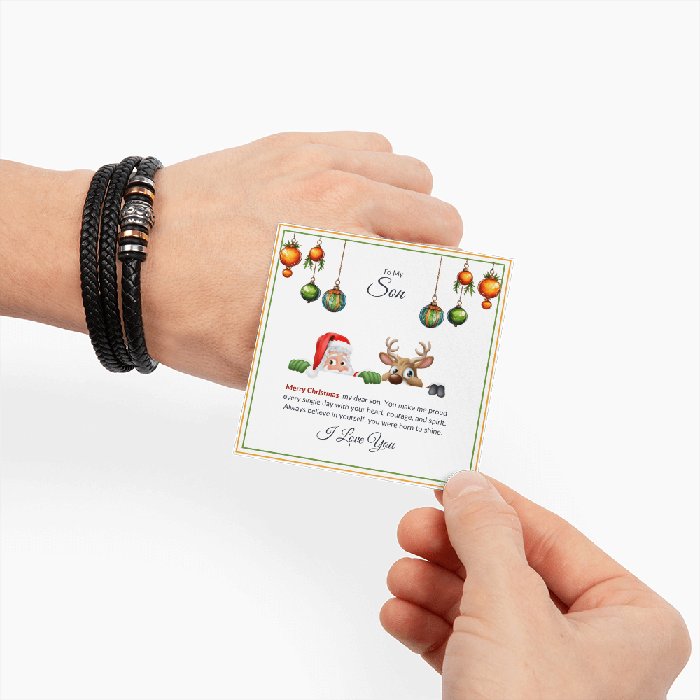 Christmas Gift for Son – Leather Bracelet with Merry Christmas Message Card