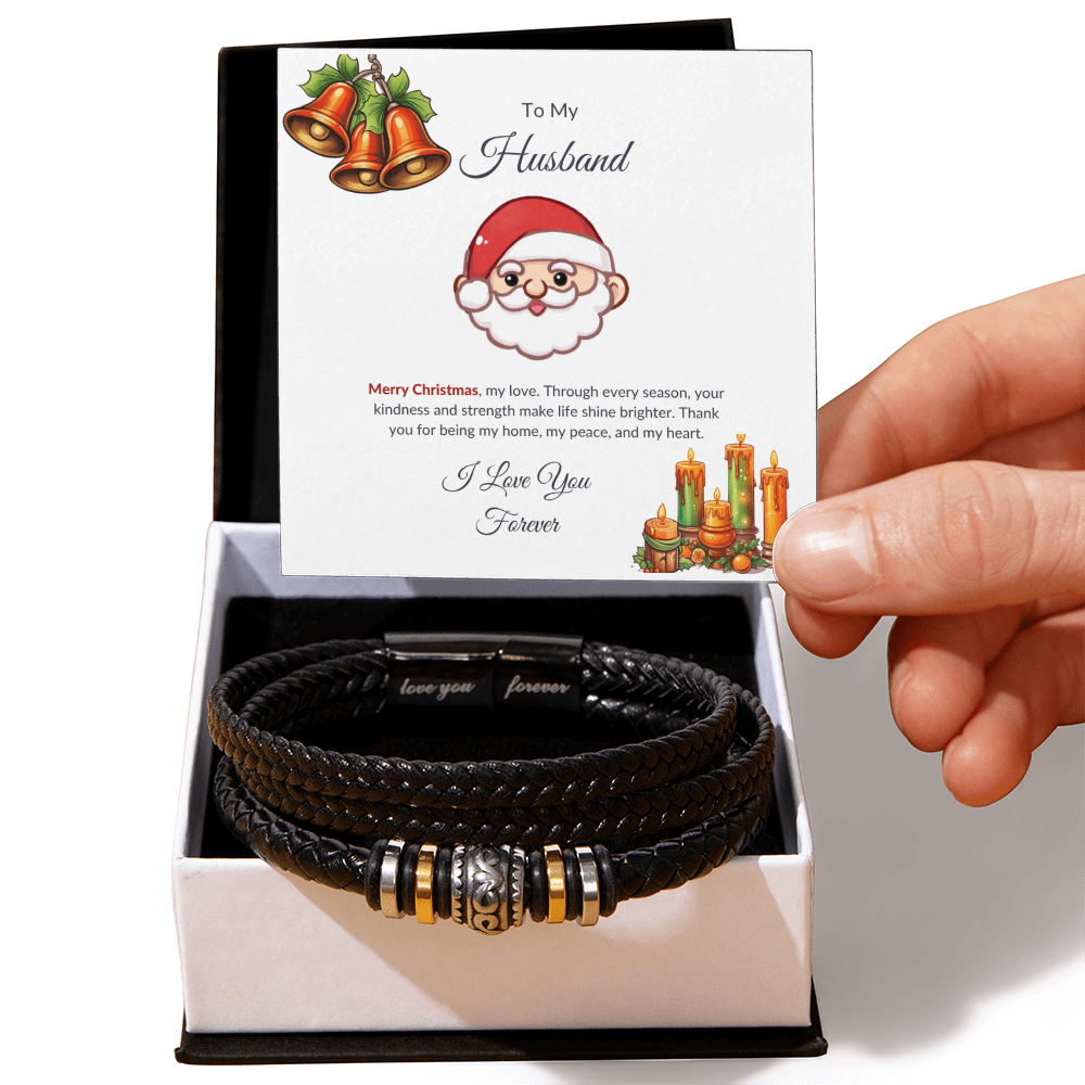 Christmas Gift for Husband – Leather Bracelet with Merry Christmas Message Card
