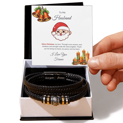 Christmas Gift for Husband – Leather Bracelet with Merry Christmas Message Card