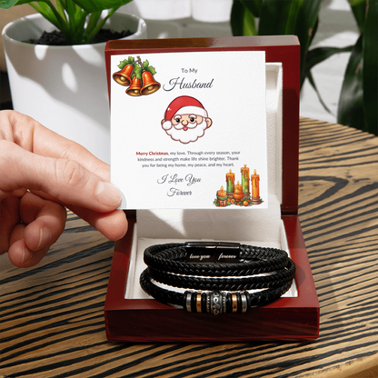 Christmas Gift for Husband – Leather Bracelet with Merry Christmas Message Card