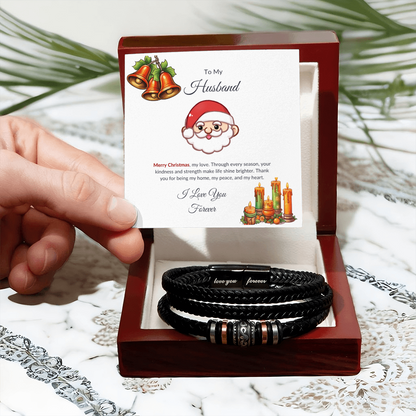 Christmas Gift for Husband – Leather Bracelet with Merry Christmas Message Card