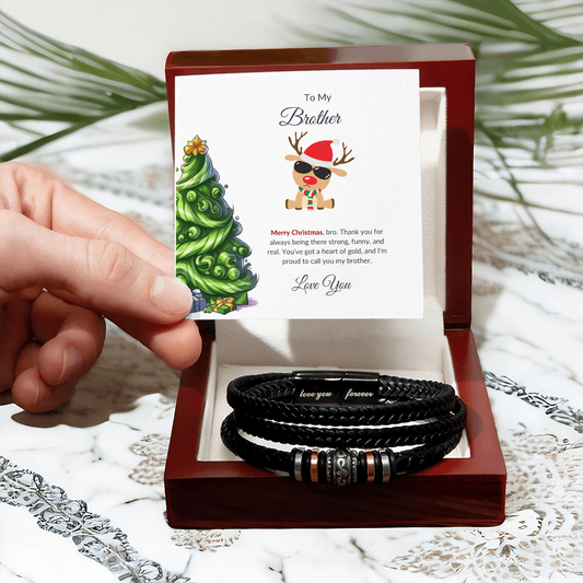 Christmas Gift for Brother – Leather Bracelet with Merry Christmas Message Card