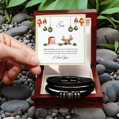 Christmas Gift for Son – Leather Bracelet with Merry Christmas Message Card