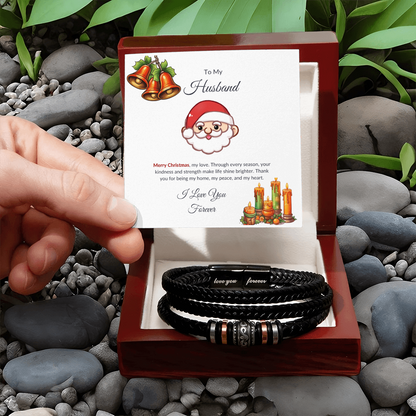 Christmas Gift for Husband – Leather Bracelet with Merry Christmas Message Card