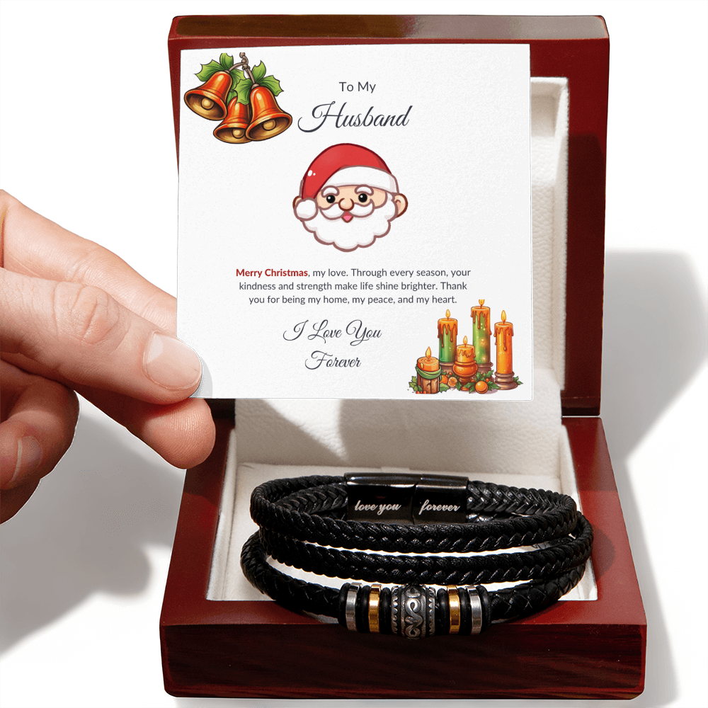 Christmas Gift for Husband – Leather Bracelet with Merry Christmas Message Card