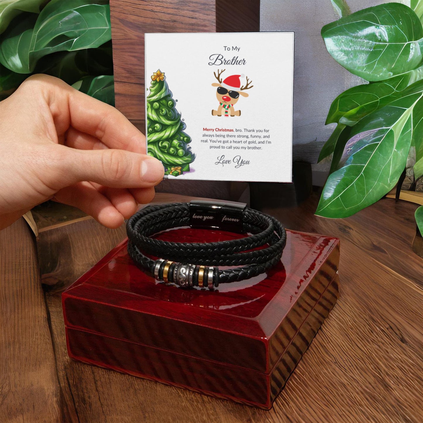Christmas Gift for Brother – Leather Bracelet with Merry Christmas Message Card