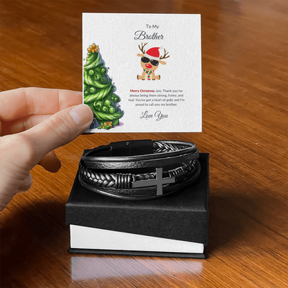 Christmas Gift for Brother – Black Cross Leather Bracelet with Message Card