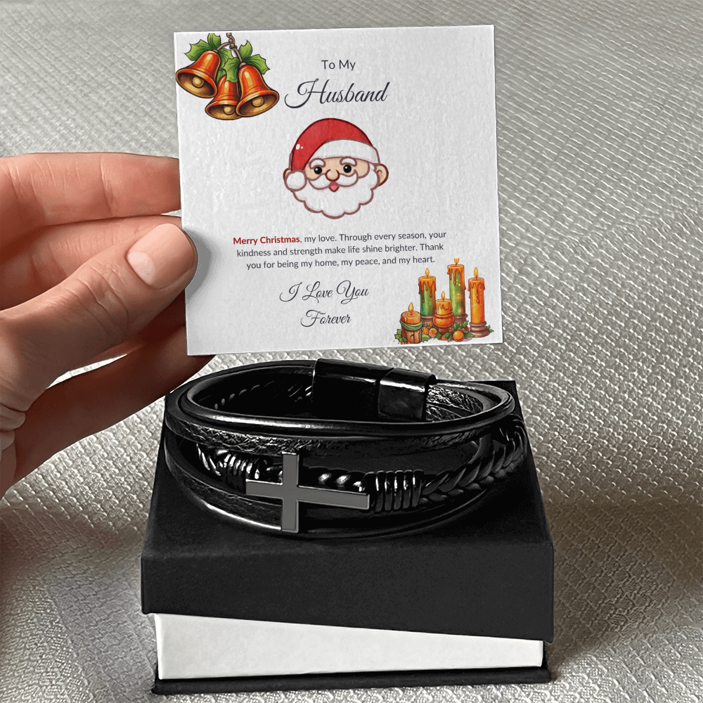 Christmas Gift for Husband – Black Leather Cross Bracelet with Merry Christmas Message Card