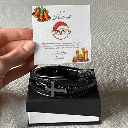 Christmas Gift for Husband – Black Leather Cross Bracelet with Merry Christmas Message Card