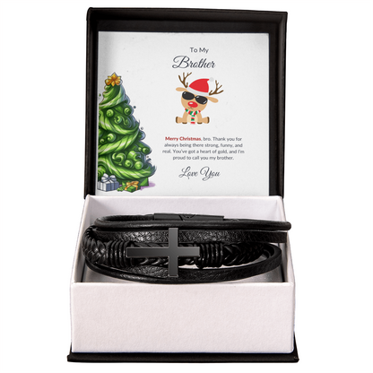 Christmas Gift for Brother – Black Cross Leather Bracelet with Message Card