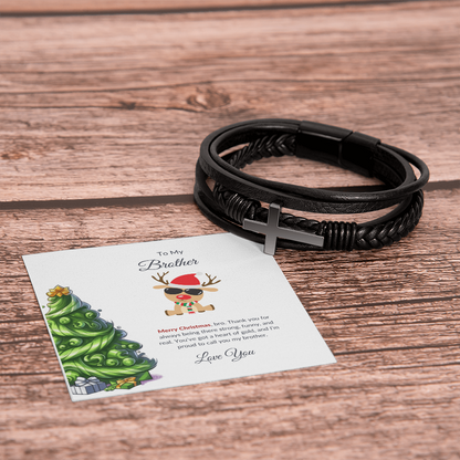 Christmas Gift for Brother – Black Cross Leather Bracelet with Message Card