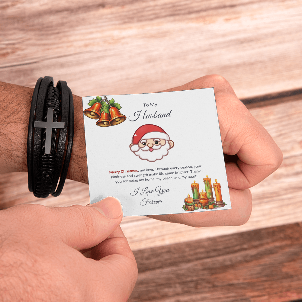 Christmas Gift for Husband – Black Leather Cross Bracelet with Merry Christmas Message Card