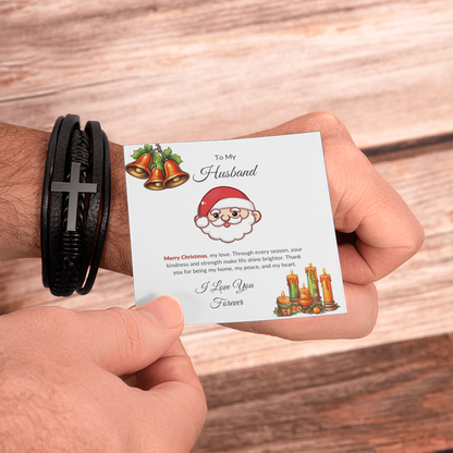 Christmas Gift for Husband – Black Leather Cross Bracelet with Merry Christmas Message Card