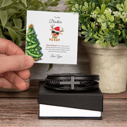 Christmas Gift for Brother – Black Cross Leather Bracelet with Message Card