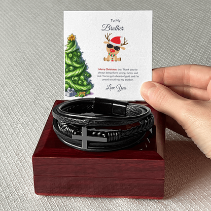 Christmas Gift for Brother – Black Cross Leather Bracelet with Message Card