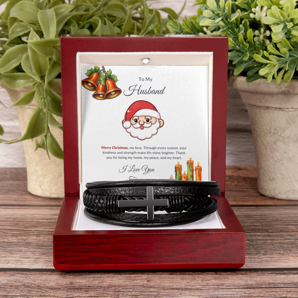 Christmas Gift for Husband – Black Leather Cross Bracelet with Merry Christmas Message Card
