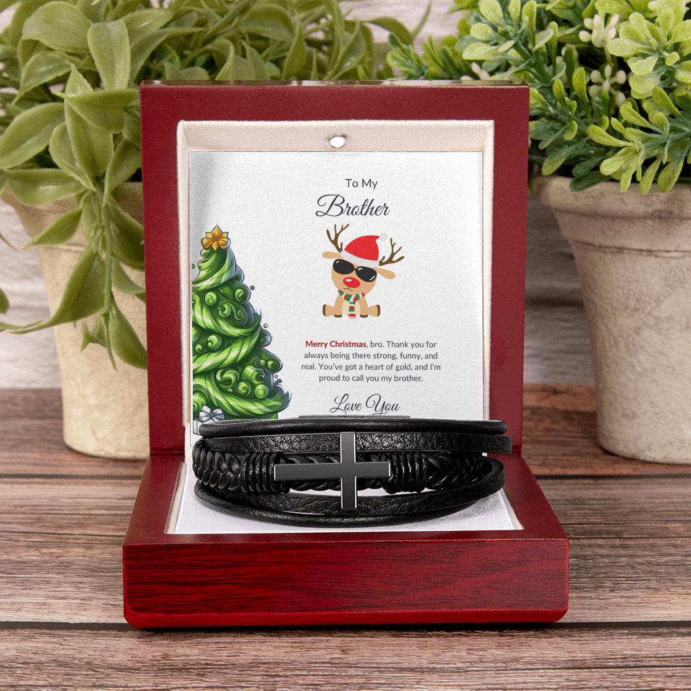 Christmas Gift for Brother – Black Cross Leather Bracelet with Message Card