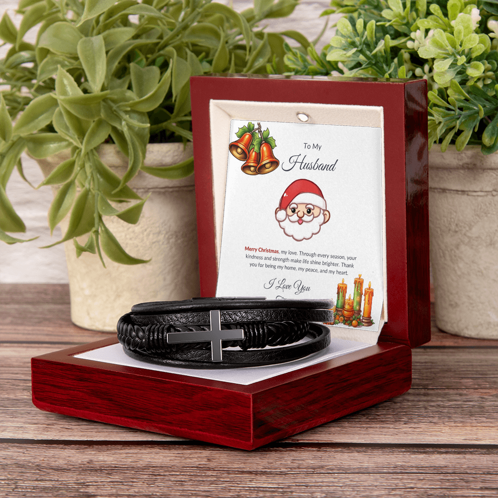 Christmas Gift for Husband – Black Leather Cross Bracelet with Merry Christmas Message Card