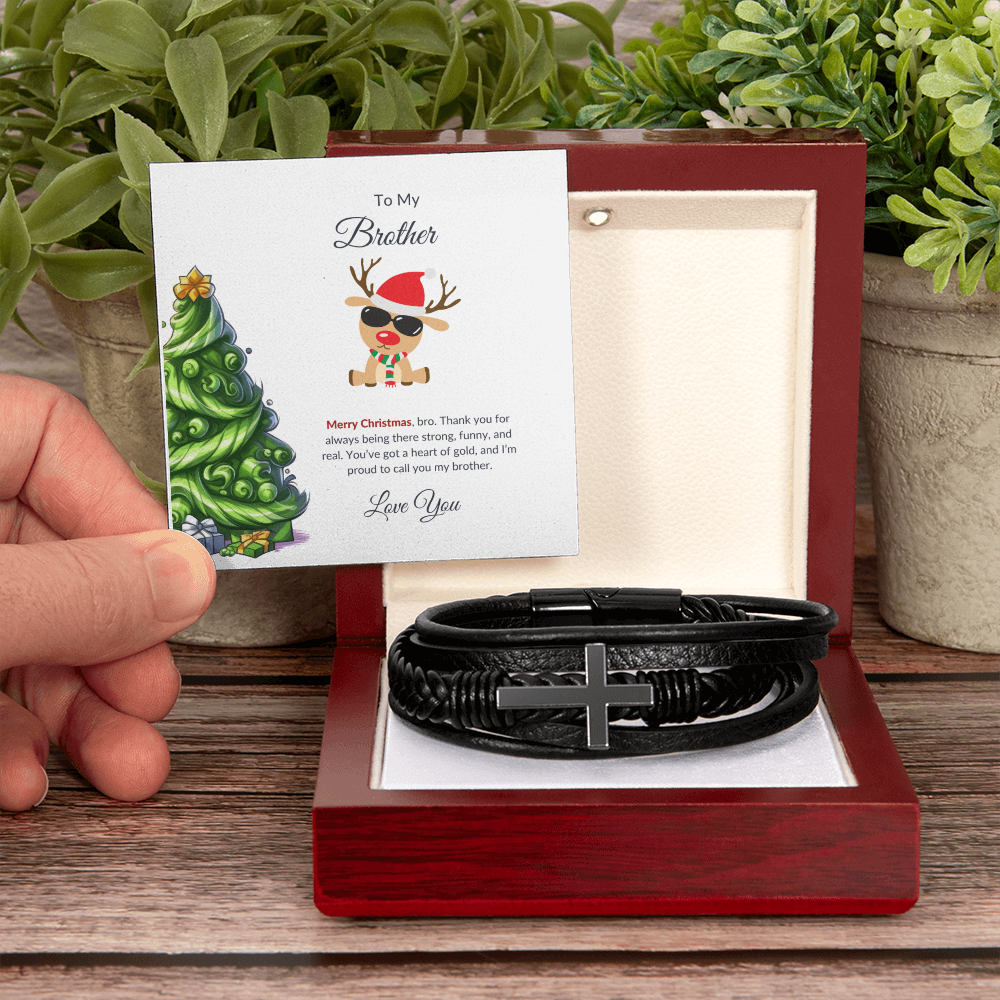 Christmas Gift for Brother – Black Cross Leather Bracelet with Message Card