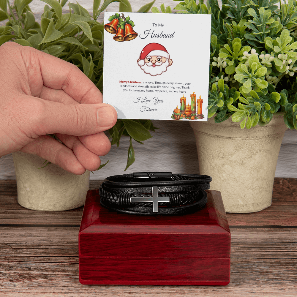Christmas Gift for Husband – Black Leather Cross Bracelet with Merry Christmas Message Card