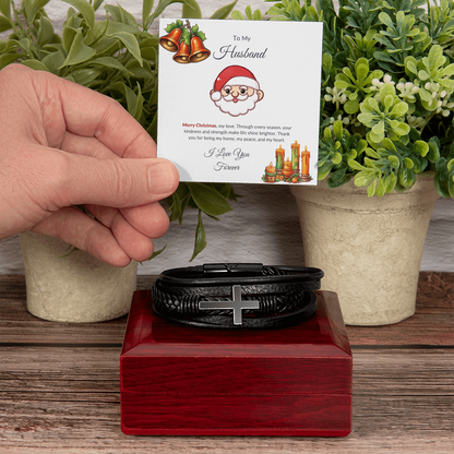 Christmas Gift for Husband – Black Leather Cross Bracelet with Merry Christmas Message Card