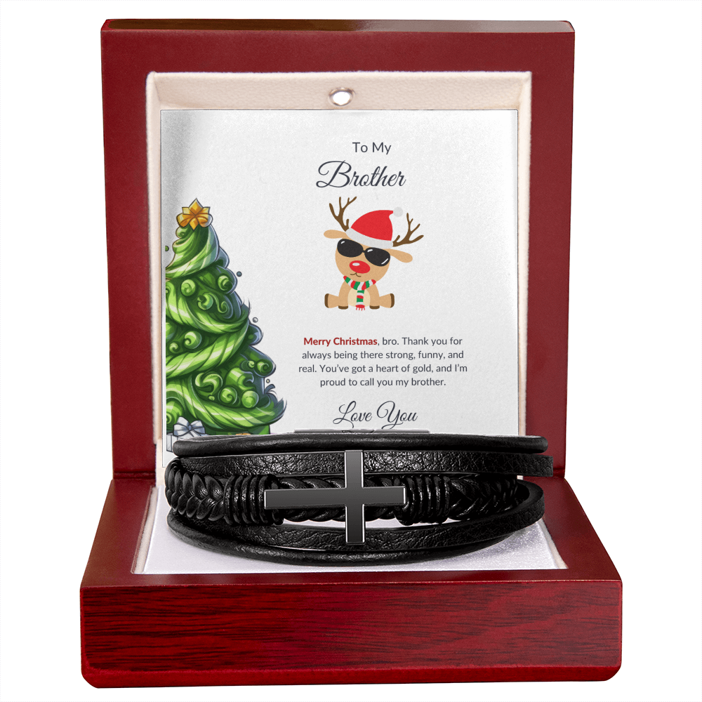 Christmas Gift for Brother – Black Cross Leather Bracelet with Message Card